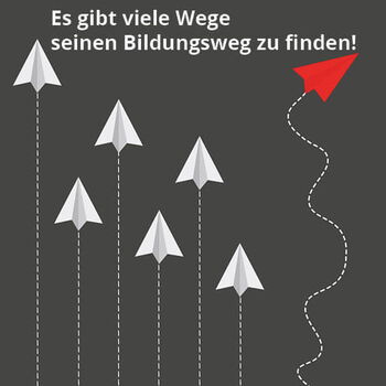 Weiße Papierflieger fliegen geradeaus, während ein roter Flieger einen eigenen kreativen Weg einschlägt.