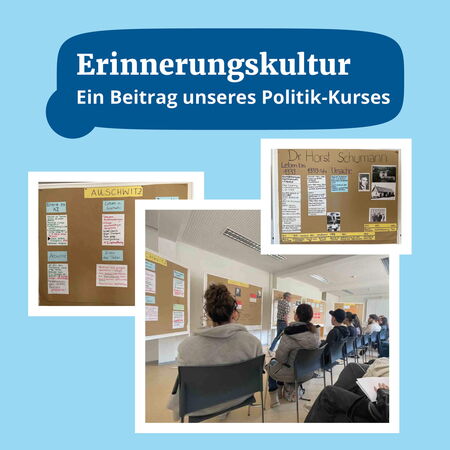 Teilnehmer eines Politikkurses betrachten in einem Raum Poster zur Erinnerungskultur, darunter Themen wie Auschwitz.