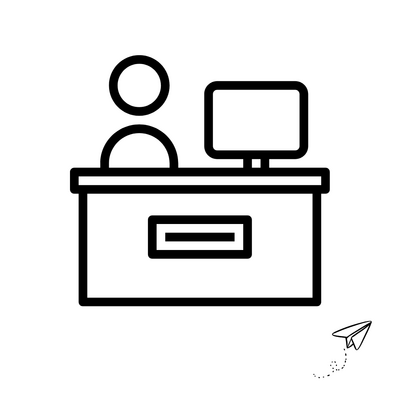 Ein stilisiertes Symbol zeigt eine Person an einem Schreibtisch mit Computer, begleitet von einem fliegenden Papierflieger.