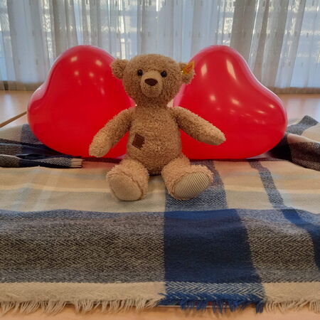 Ein Plüschbär sitzt auf einer Decke zwischen zwei roten Herzluftballons vor einem Fenster.
