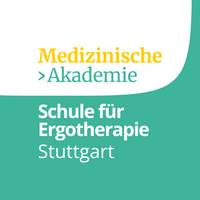 Logo der Medizinischen Akademie für Ergotherapie in Stuttgart mit gelbem und grünem Text auf weißem und türkisfarbenem Hintergrund.