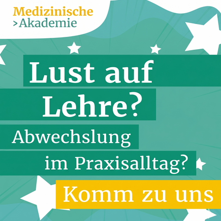 Buntes Plakat der medizinischen Akademie in Tübingen, das zur Lehrtätigkeit im Praxisalltag einlädt.