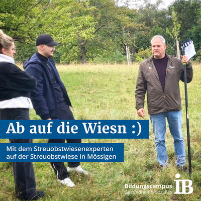Personen stehen auf einer Streuobstwiese in Mössingen, während ein Experte mit einer langen Stange spricht.