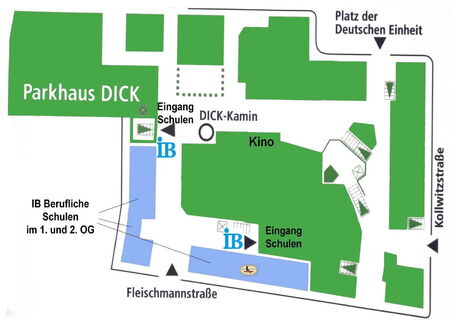 Eine Karte zeigt den Standort des Parkhauses Dick neben Schulen, Kino und Straßen auf einem Geländeplan an.