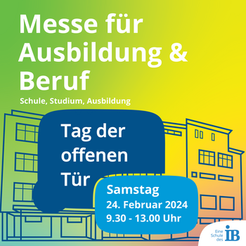 Ein Werbeplakat kündigt eine Messe für Ausbildung und Beruf mit einem Tag der offenen Tür am 24. Februar 2024 an.