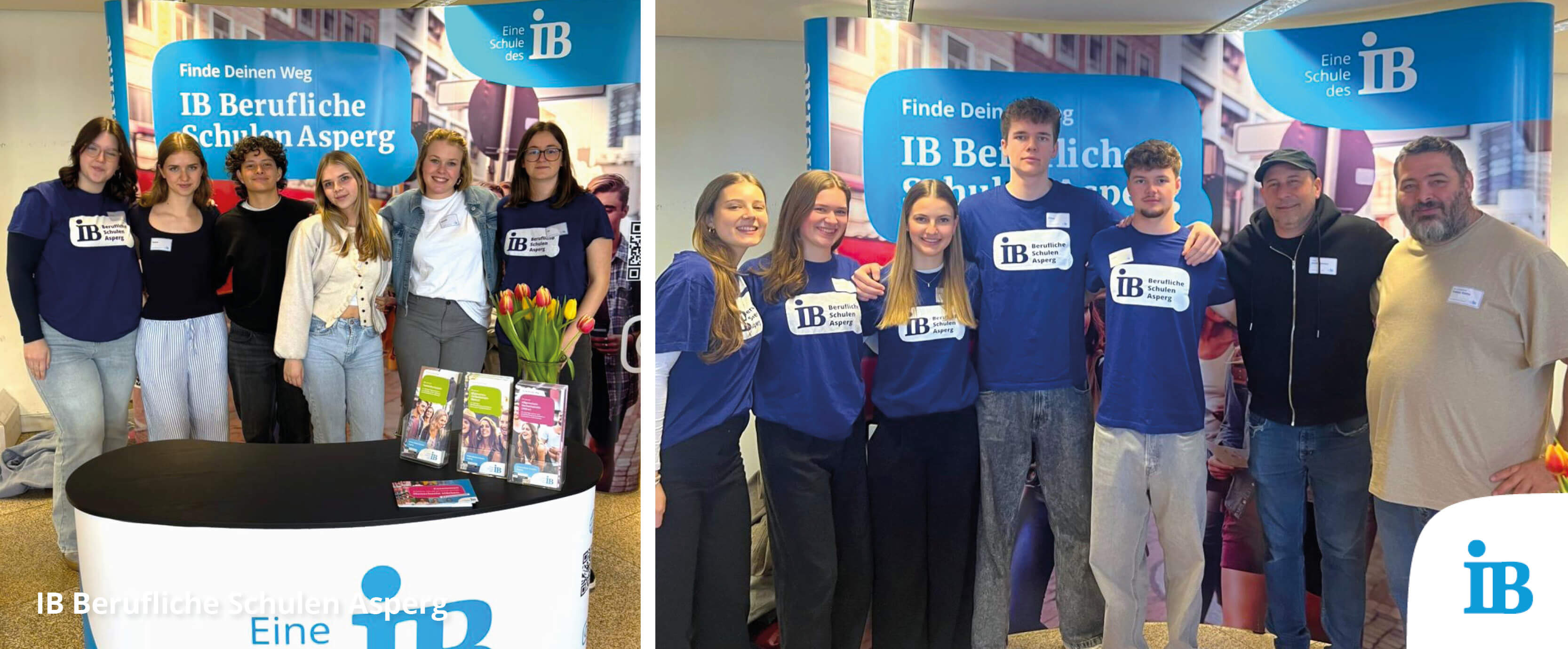 Gruppe von Schülern und Lehrern am Stand der IB Beruflichen Schulen Asperg mit Informationsmaterial und Blumen.
