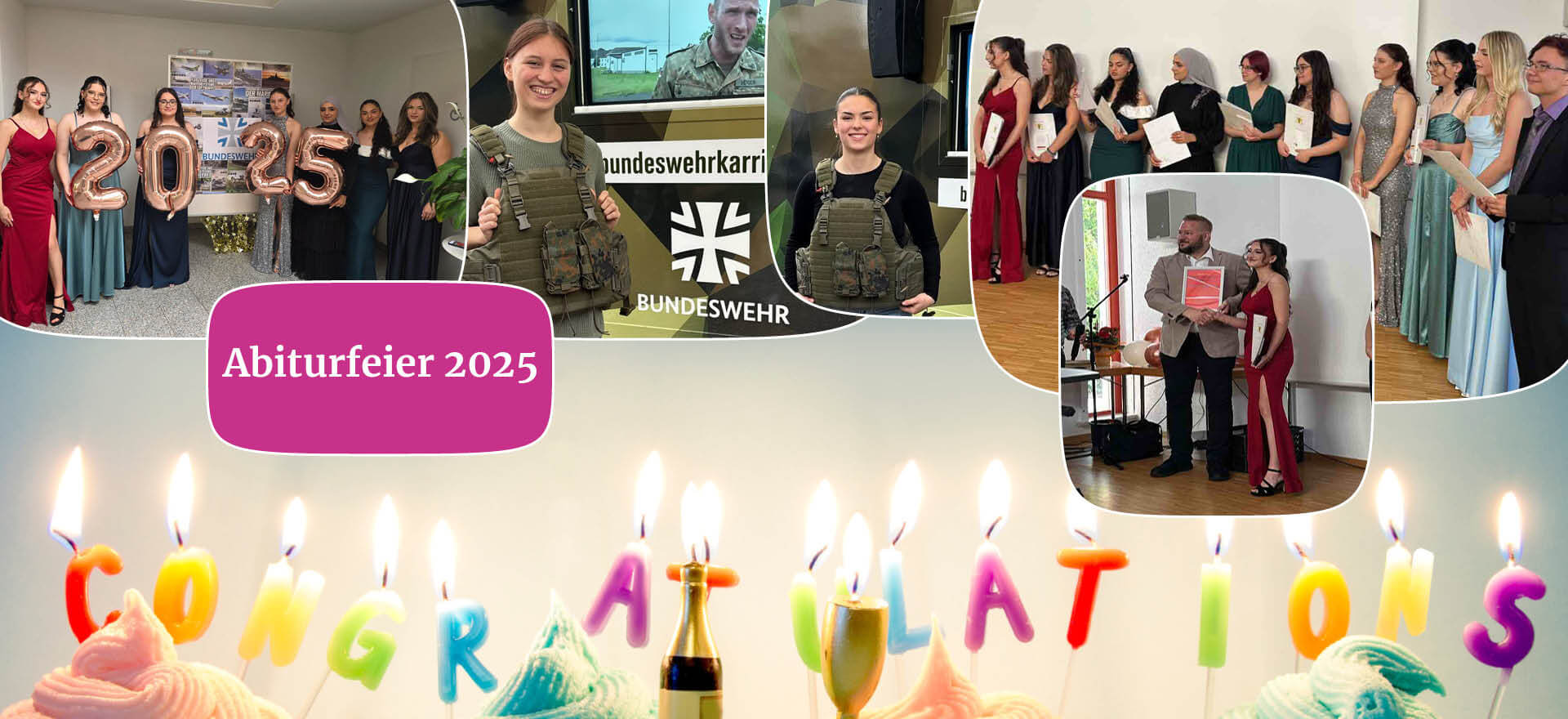 Eine Collage zur Abiturfeier 2025 zeigt Absolventen, eine Soldatin und bunte Kerzen mit "Congratulations".