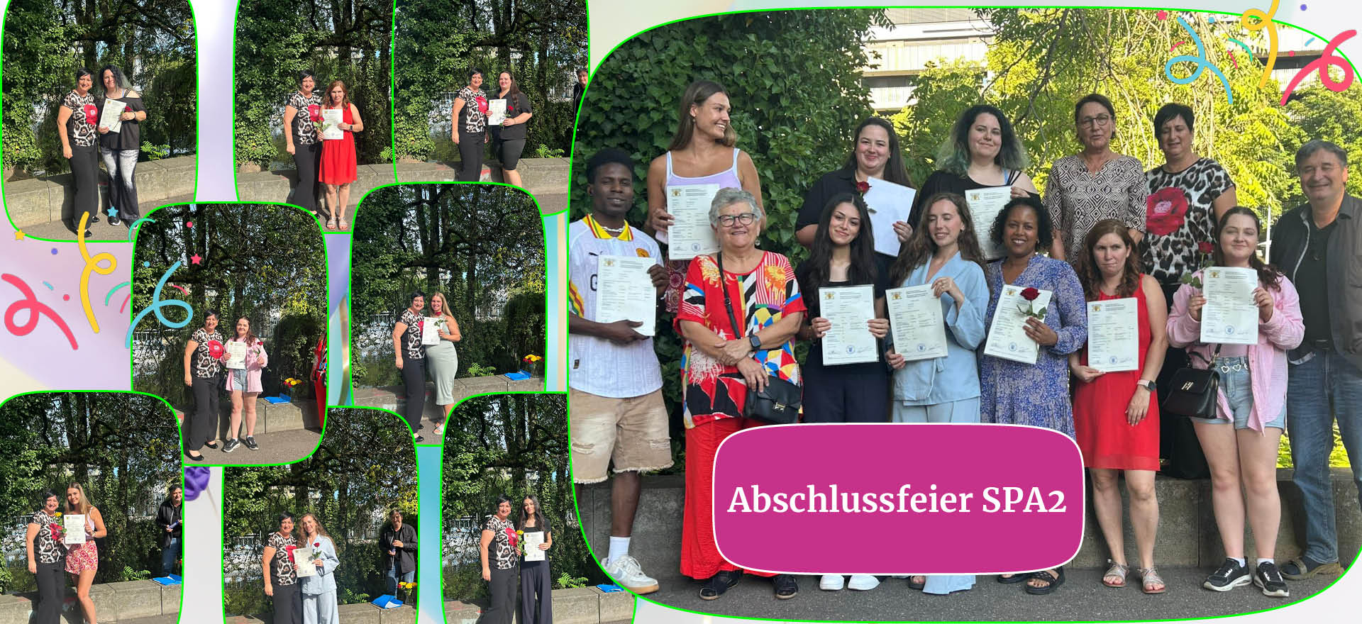 Eine Gruppe von Menschen feiert eine Abschlussfeier, wobei einige Teilnehmer stolz ihre Zertifikate präsentieren.