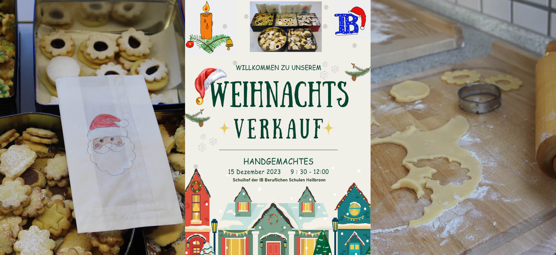 Verschiedene Weihnachtsplätzchen werden für den BvB-Weihnachtsverkauf vorbereitet, mit Einladung zum Event am 15. Dezember.