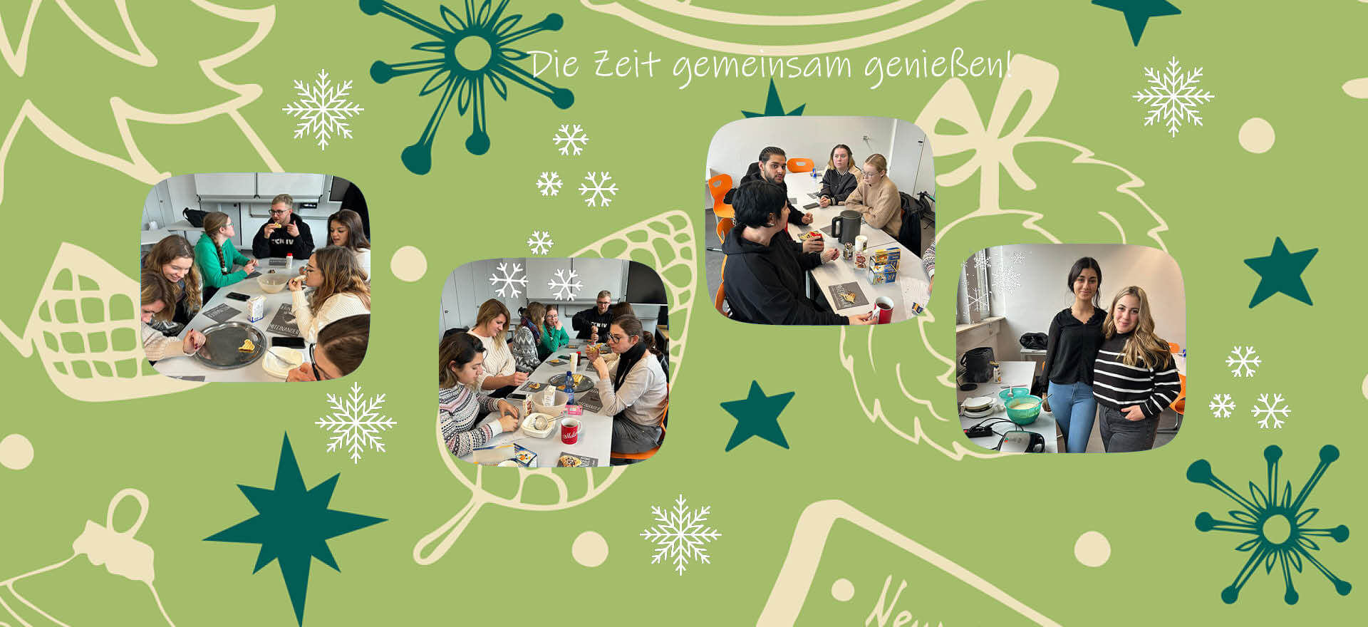 Eine Gruppe von Menschen genießt gemeinsam die Weihnachtszeit, während sie an einem festlich dekorierten Tisch sitzen.