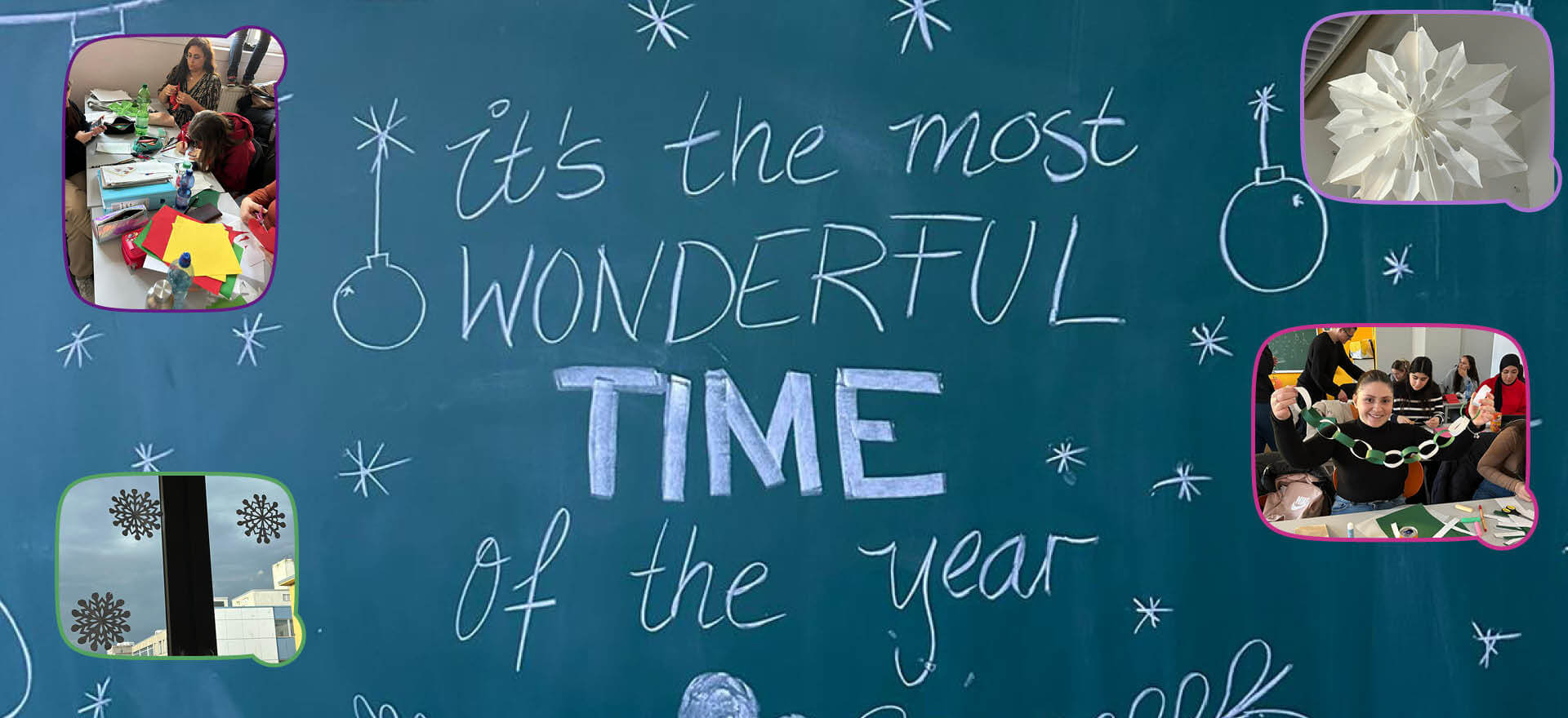 Eine Tafel mit dem Schriftzug "It's the most wonderful time of the year" und Bildern von Menschen, die Weihnachtsdeko basteln.