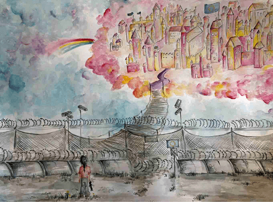 Ein Kind steht vor einem Stacheldrahtzaun und blickt auf eine bunte, schwebende Stadt mit Regenbogen im Hintergrund.
